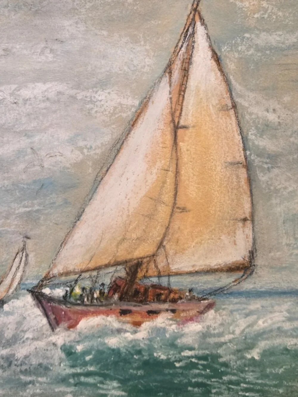Framed pastel of nautical seascape painting featuring a sailboat 11.5